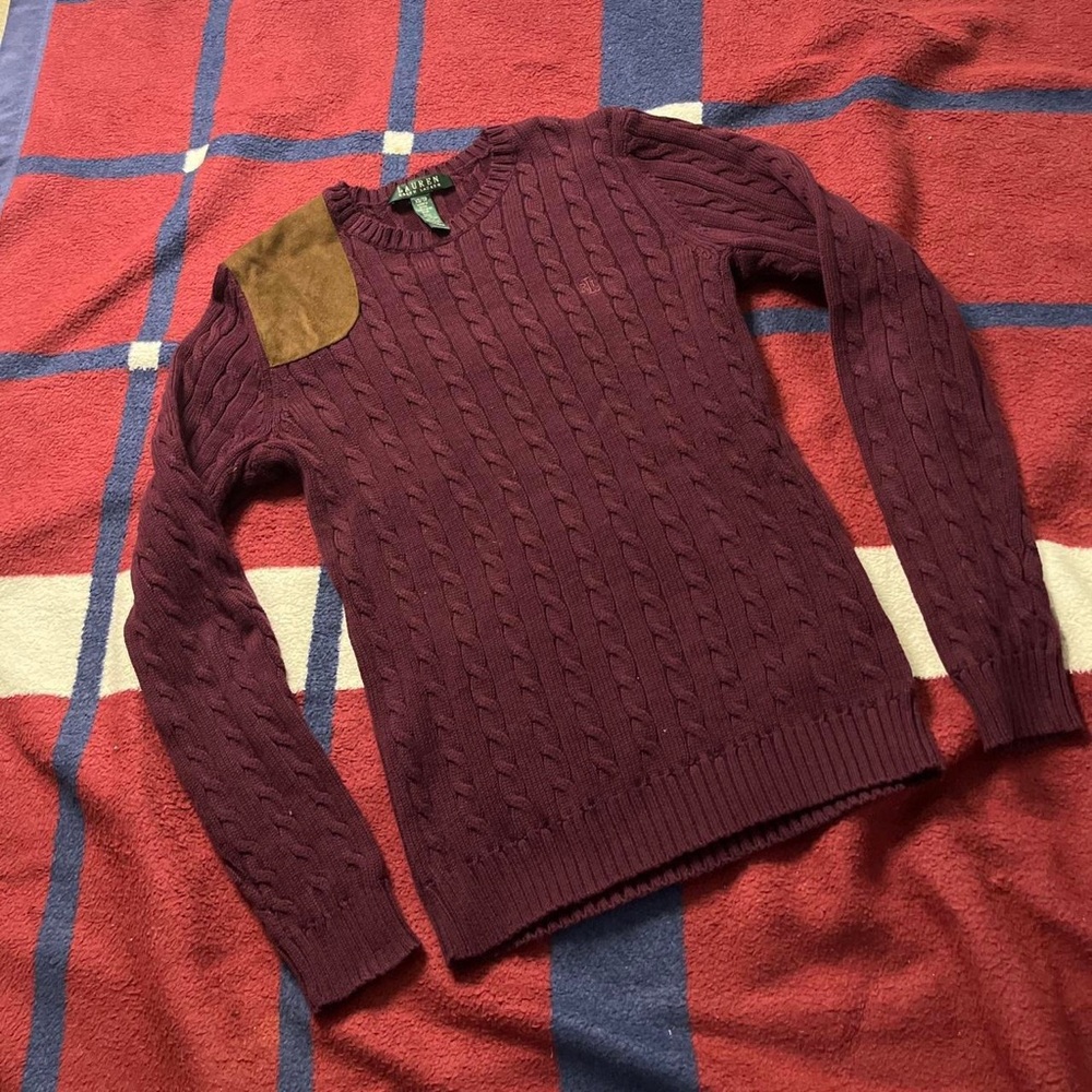 Ralph Lauren Burgundy Cable Knit Sweater Suede Brown Shoulder Patch Women’s XS